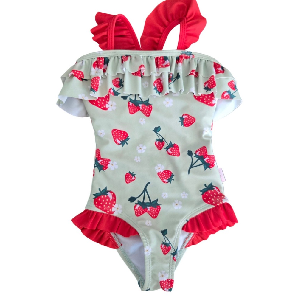 Seafolly Girls Strawberry Ruffle One Piece Swimsuit Sage Green Red Size 2 92cm